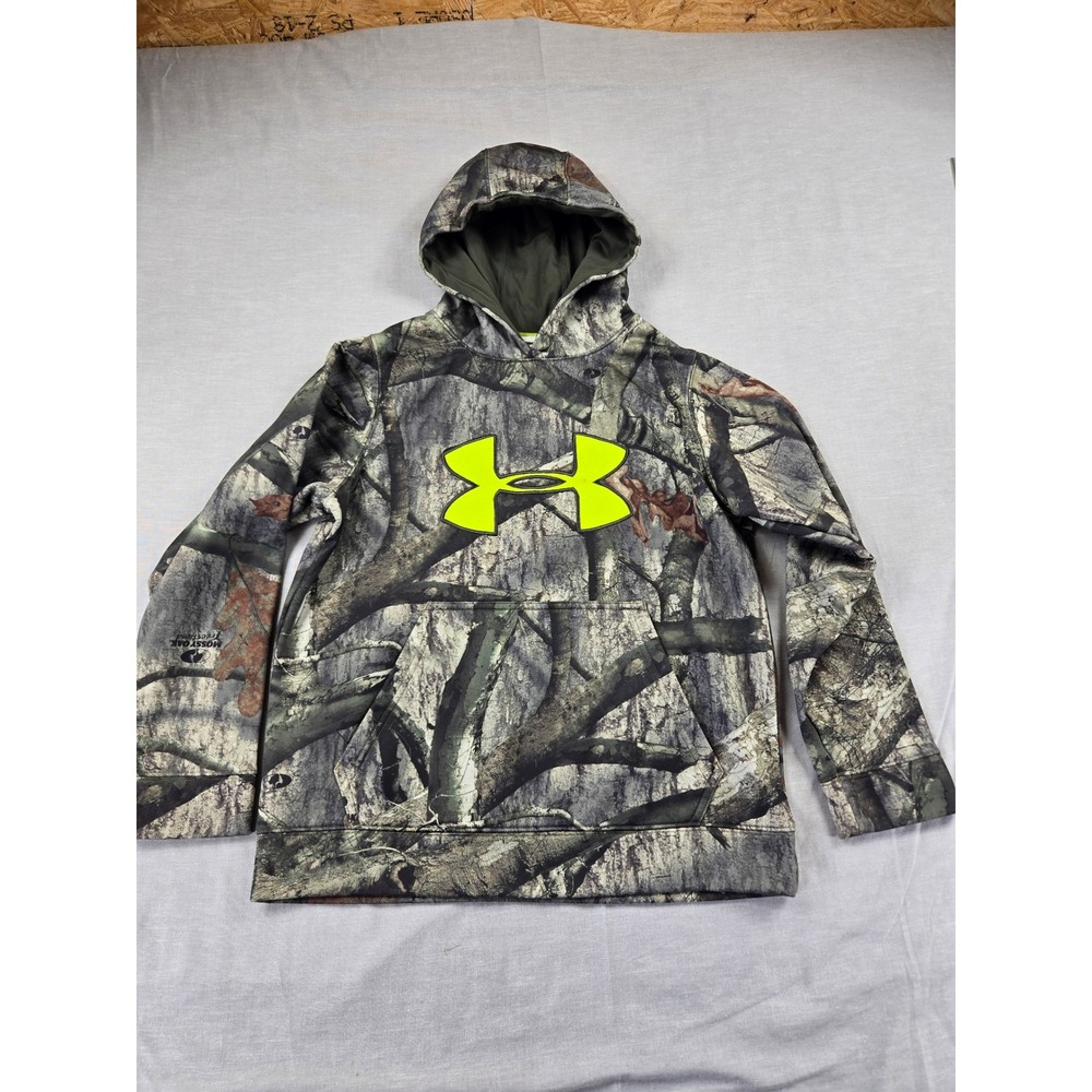 Under Armour Boys Mossy Oak Treestand Camo Hoodie Neon Yellow Logo YMD Medium